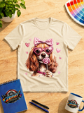 Valentine Spaniel Dog Graphic Shirt – Pink Hearts, Bow & Lollipop Tee