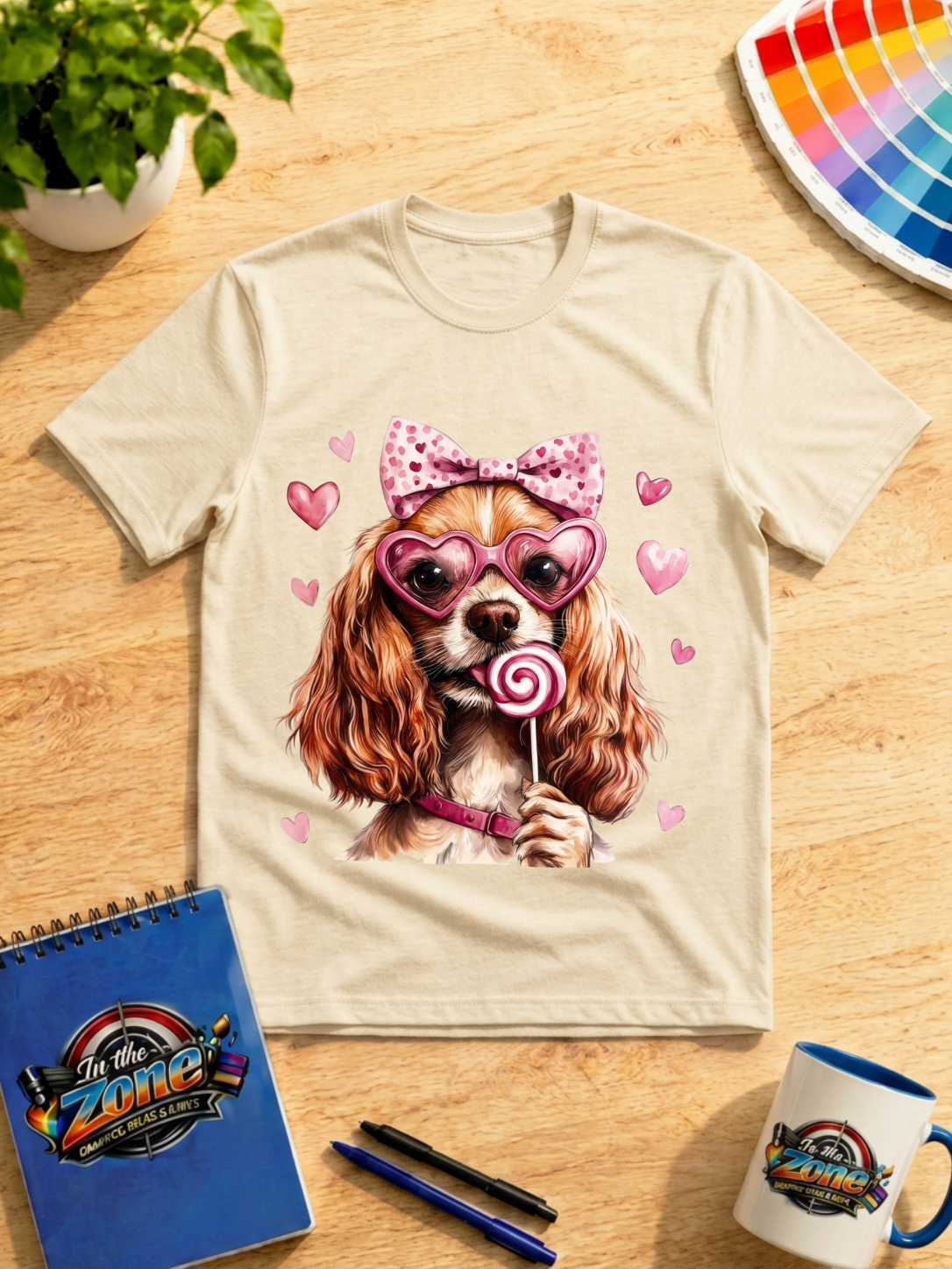 Valentine Spaniel Dog Graphic Shirt – Pink Hearts, Bow & Lollipop Tee