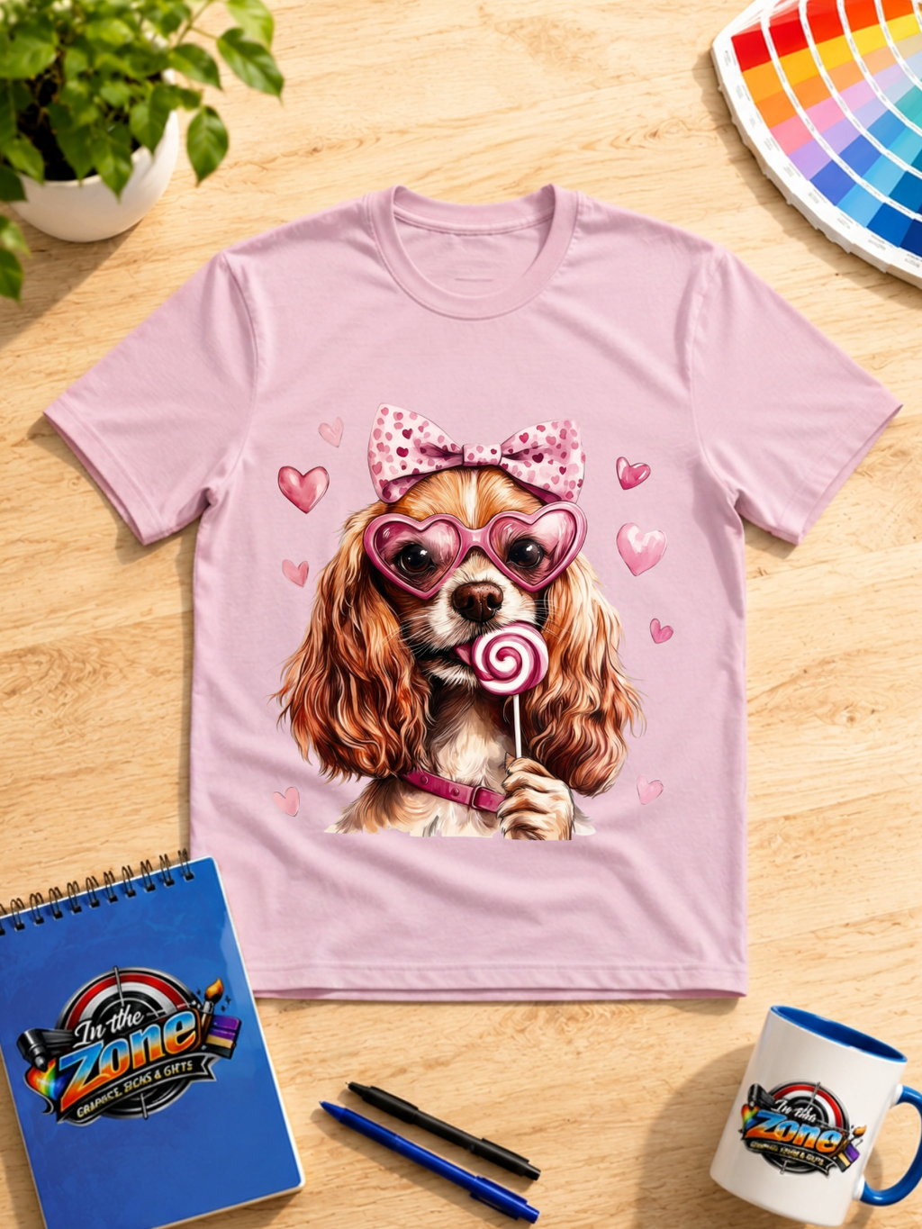 Valentine Spaniel Dog Graphic Shirt – Pink Hearts, Bow & Lollipop Tee