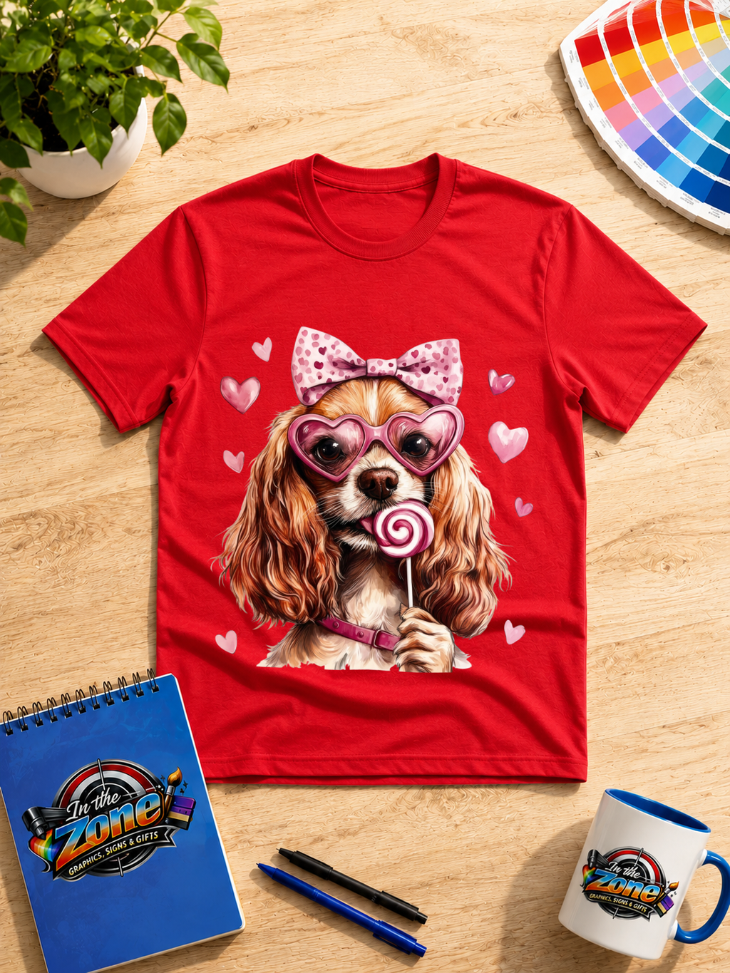 Valentine Spaniel Dog Graphic Shirt – Pink Hearts, Bow & Lollipop Tee