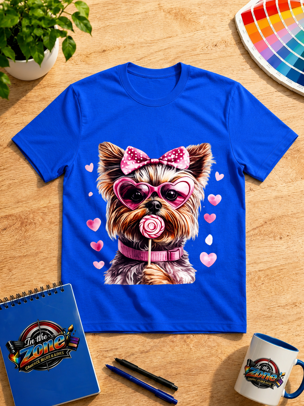 Valentine Yorkie Graphic Shirt – Pink Hearts, Bow & Lollipop Dog Tee