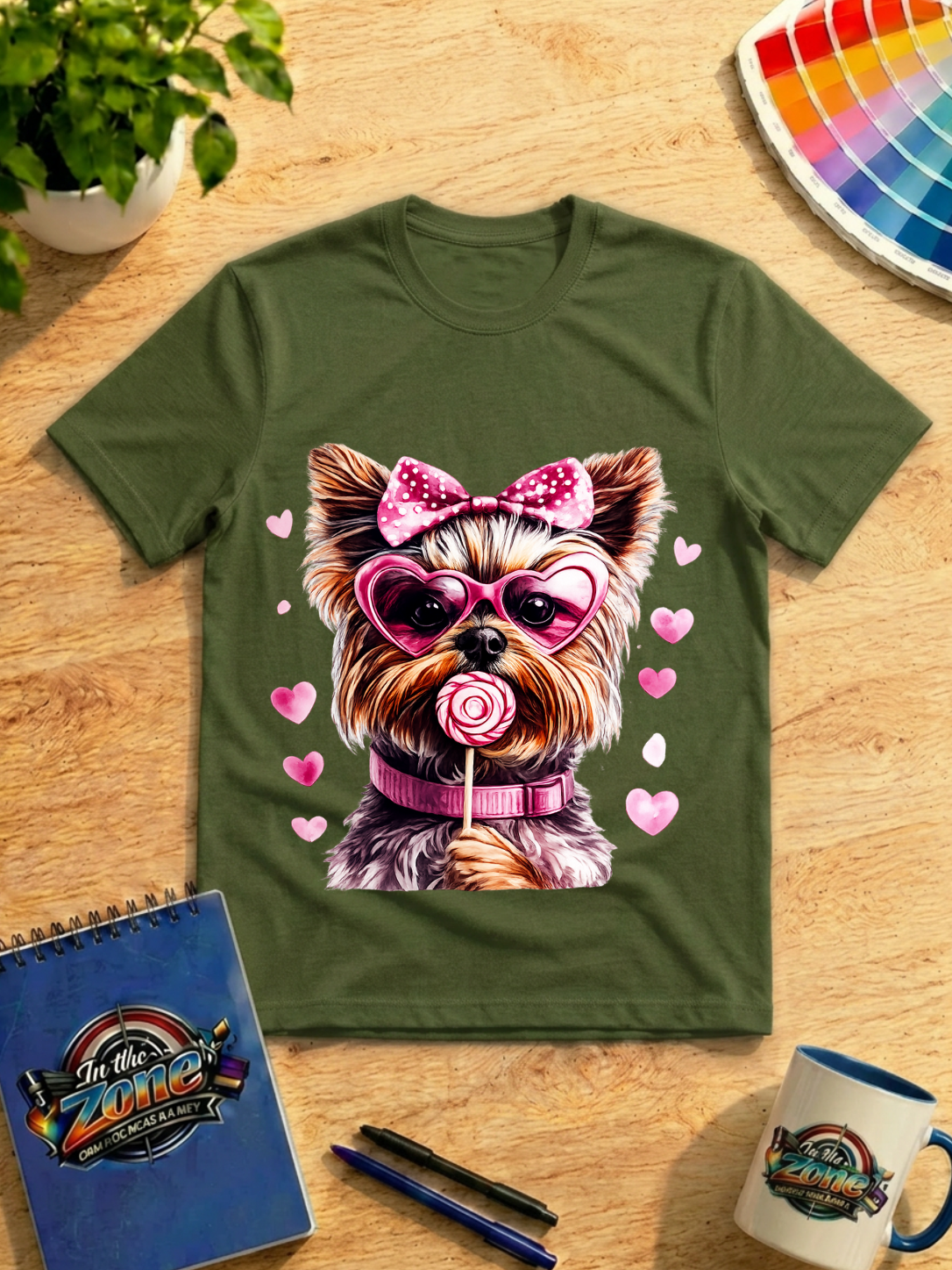 Valentine Yorkie Graphic Shirt – Pink Hearts, Bow & Lollipop Dog Tee