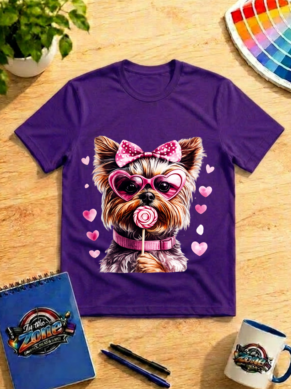Valentine Yorkie Graphic Shirt – Pink Hearts, Bow & Lollipop Dog Tee