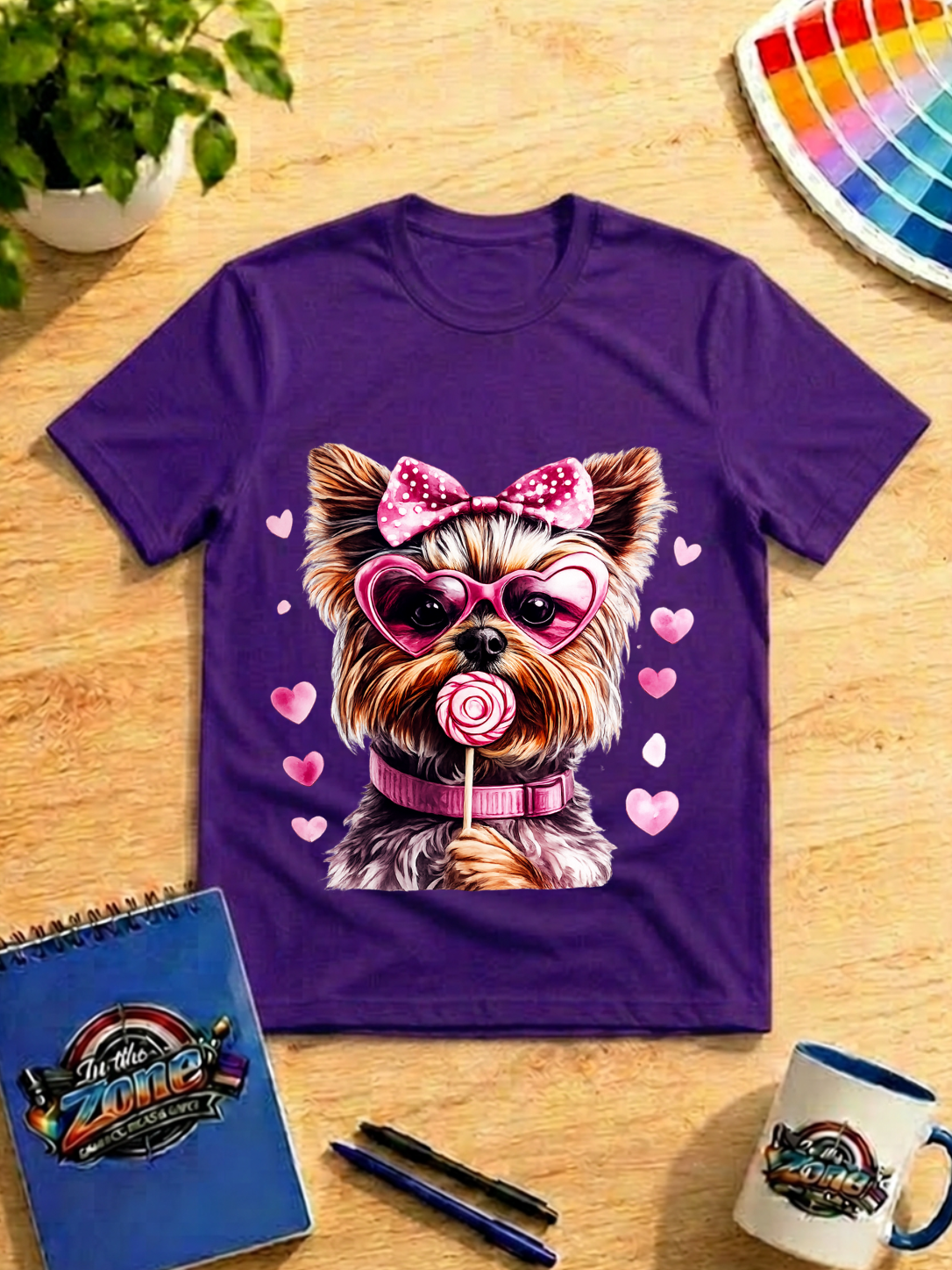 Valentine Yorkie Graphic Shirt – Pink Hearts, Bow & Lollipop Dog Tee