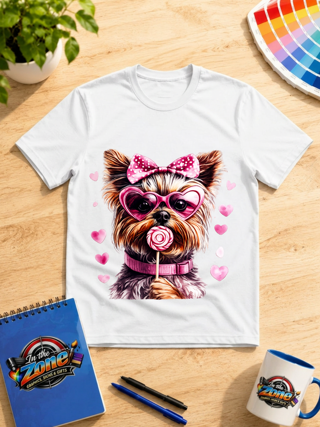 Valentine Yorkie Graphic Shirt – Pink Hearts, Bow & Lollipop Dog Tee