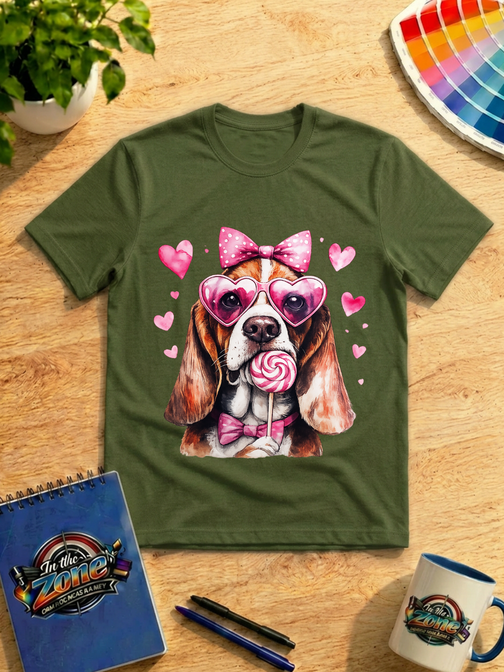 Valentine Basset Hound Graphic Shirt – Pink Hearts, Bow & Lollipop Dog Tee