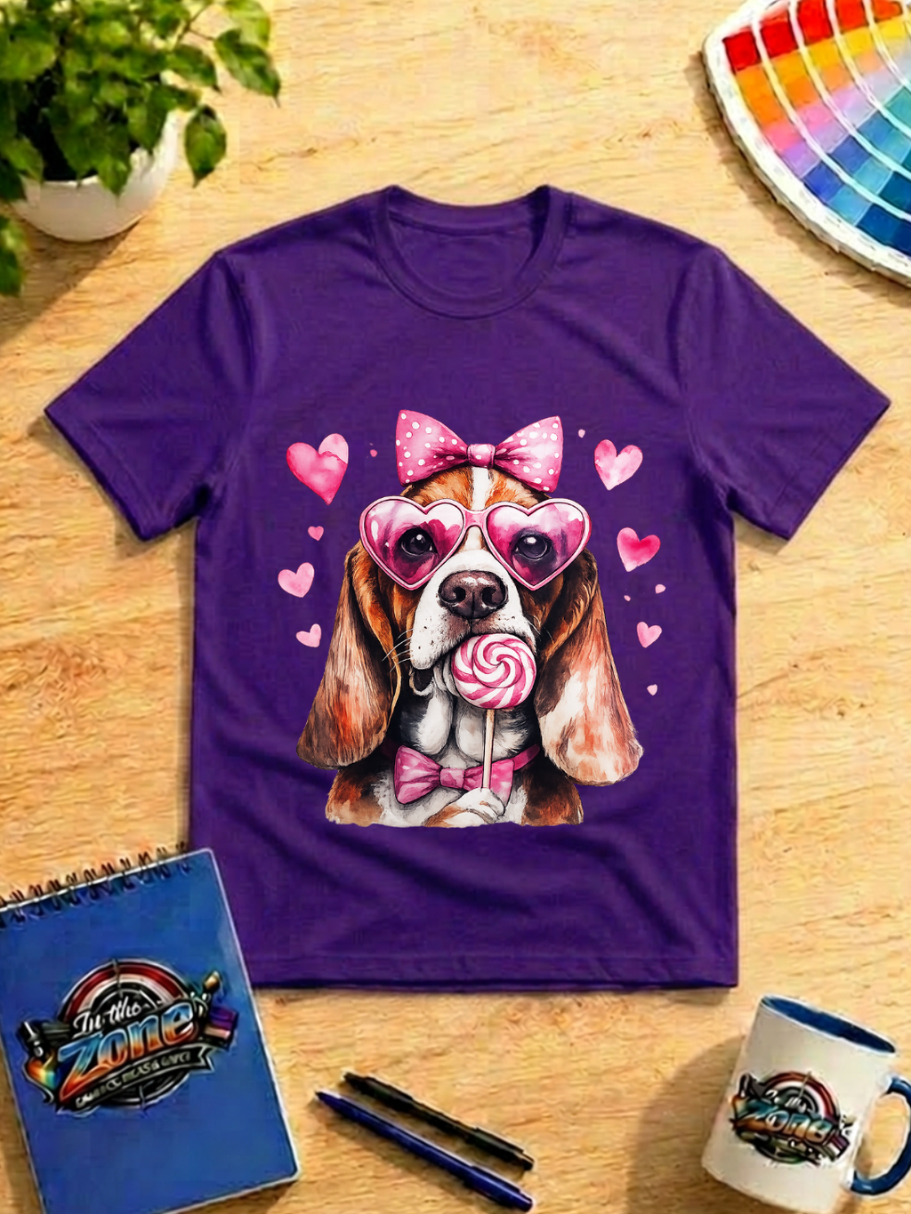 Valentine Basset Hound Graphic Shirt – Pink Hearts, Bow & Lollipop Dog Tee