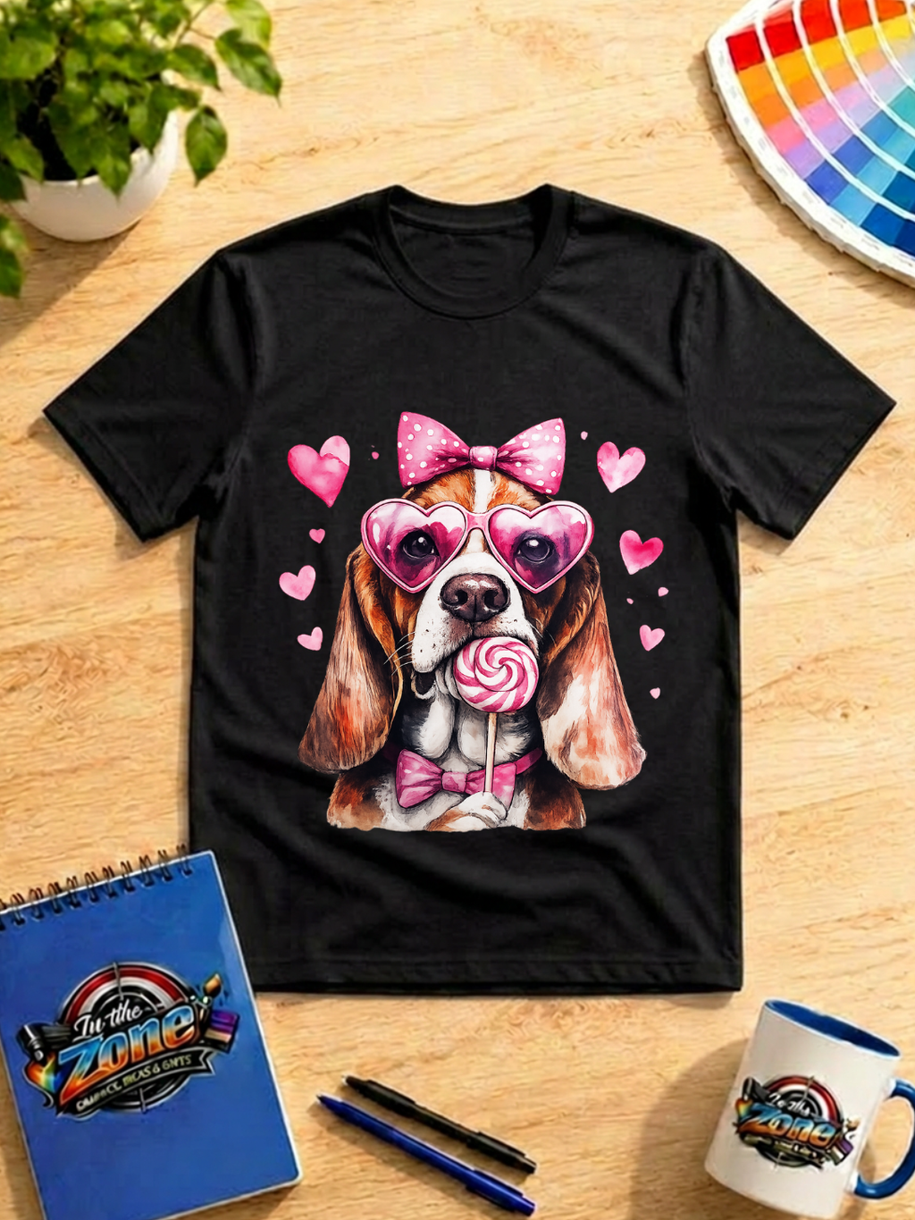 Valentine Basset Hound Graphic Shirt – Pink Hearts, Bow & Lollipop Dog Tee