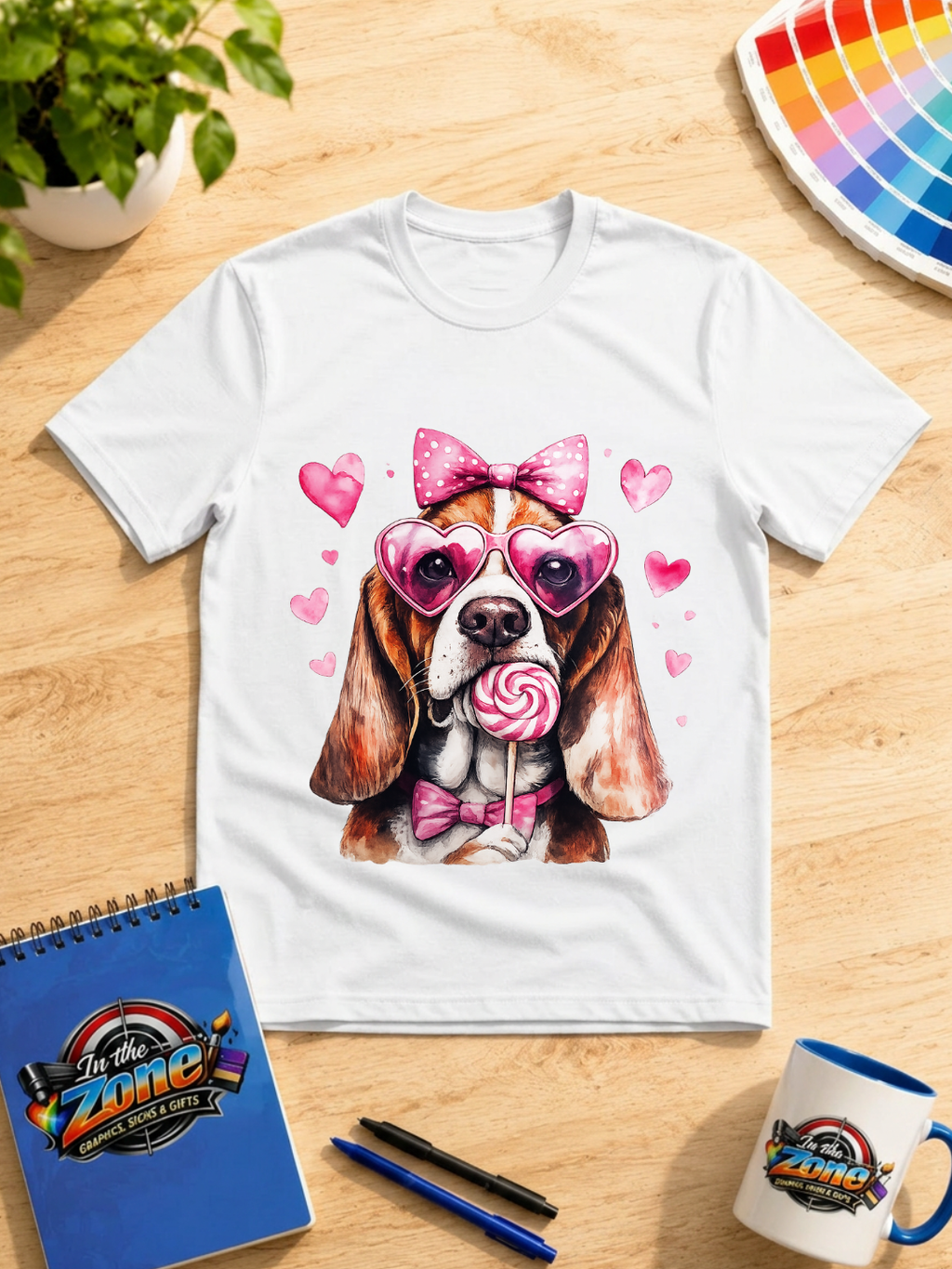 Valentine Basset Hound Graphic Shirt – Pink Hearts, Bow & Lollipop Dog Tee