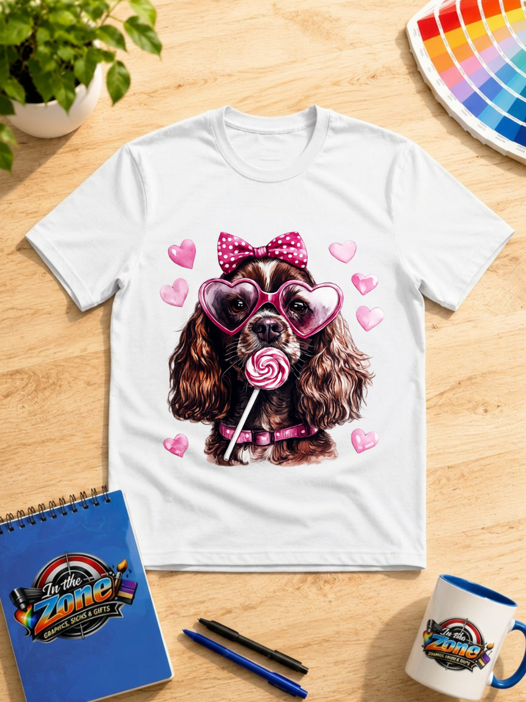 Valentine Cocker Spaniel Graphic Shirt – Pink Hearts, Bow & Lollipop Tee