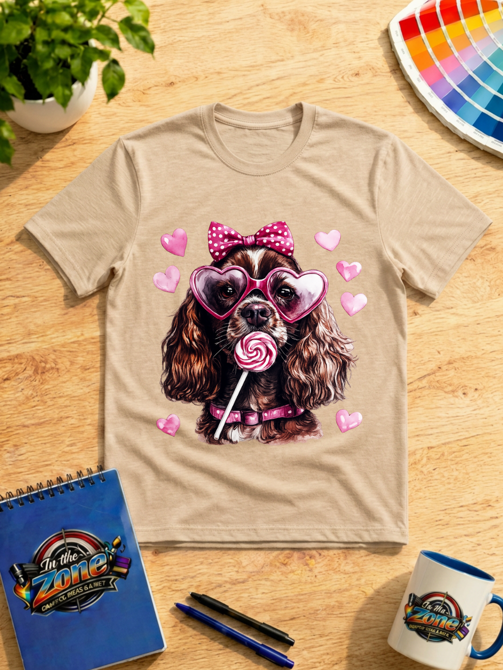 Valentine Cocker Spaniel Graphic Shirt – Pink Hearts, Bow & Lollipop Tee