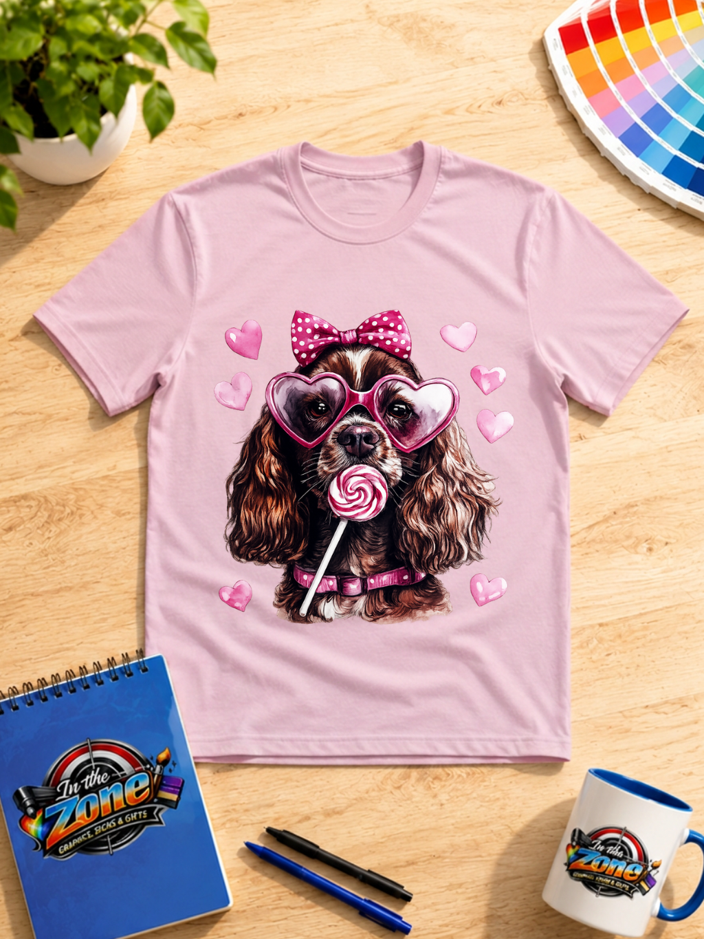 Valentine Cocker Spaniel Graphic Shirt – Pink Hearts, Bow & Lollipop Tee