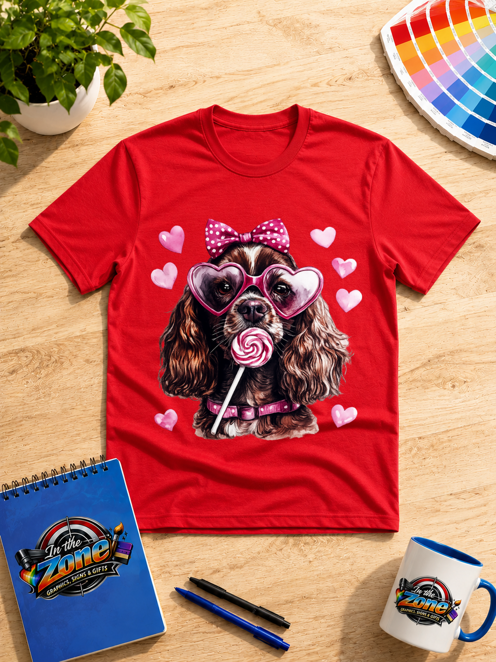 Valentine Cocker Spaniel Graphic Shirt – Pink Hearts, Bow & Lollipop Tee