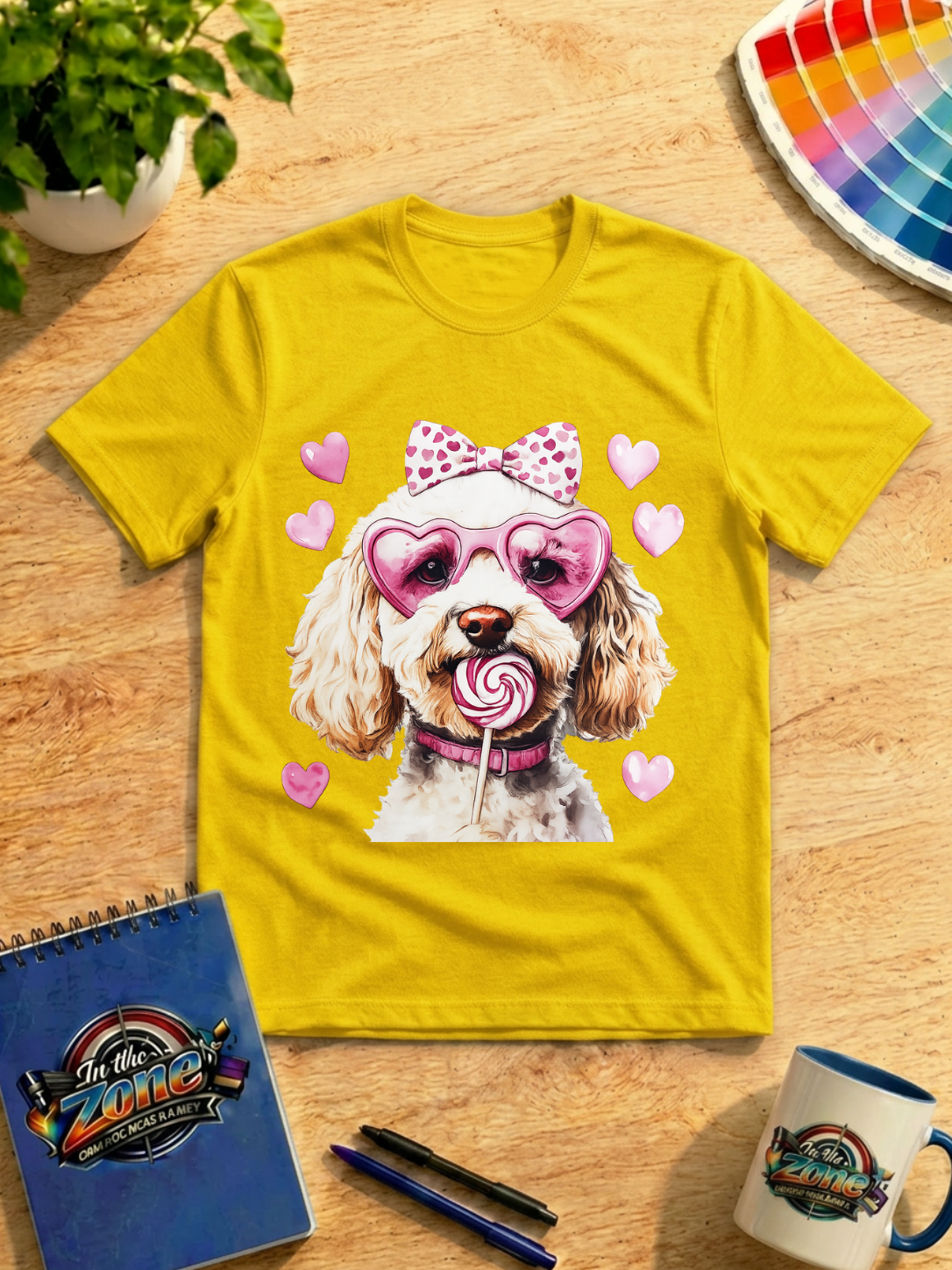 Valentine Cavapoo Graphic Shirt – Pink Hearts, Bow & Lollipop Dog Tee