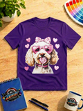 Valentine Cavapoo Graphic Shirt – Pink Hearts, Bow & Lollipop Dog Tee