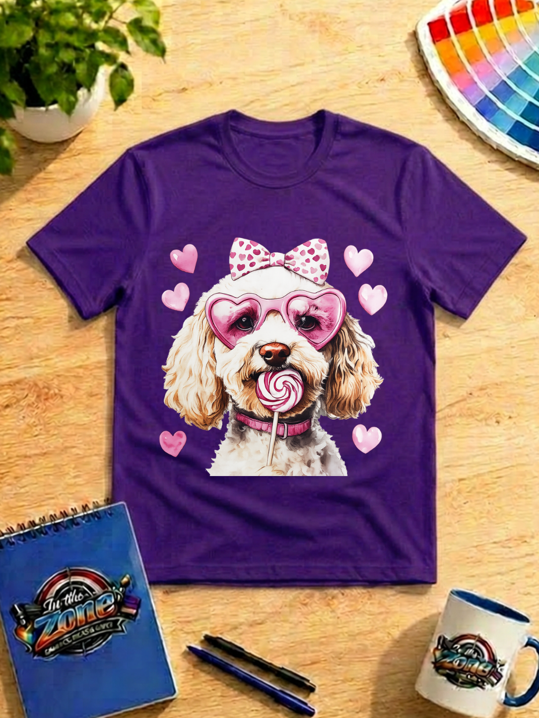 Valentine Cavapoo Graphic Shirt – Pink Hearts, Bow & Lollipop Dog Tee