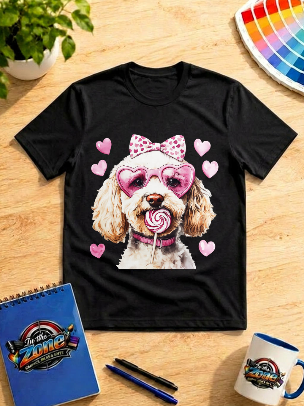 Valentine Cavapoo Graphic Shirt – Pink Hearts, Bow & Lollipop Dog Tee