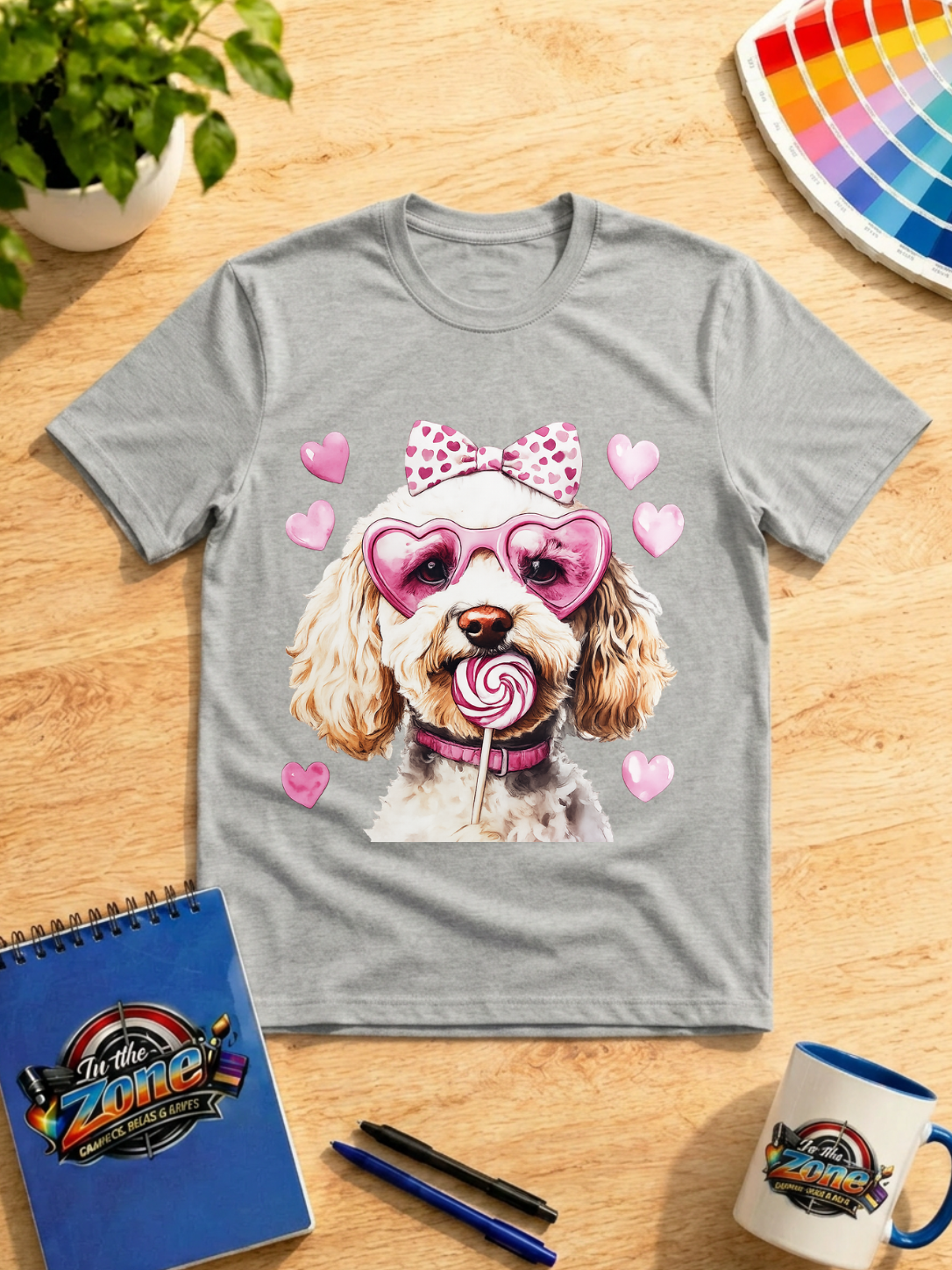 Valentine Cavapoo Graphic Shirt – Pink Hearts, Bow & Lollipop Dog Tee