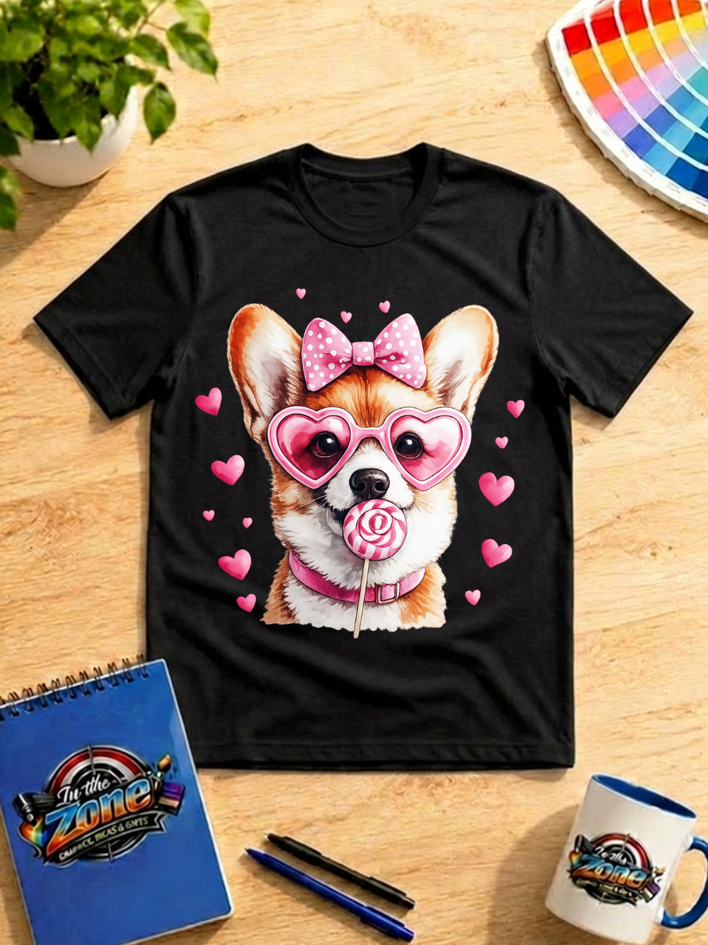 Valentine Corgi Graphic Shirt – Pink Hearts, Sunglasses & Lollipop Dog Tee