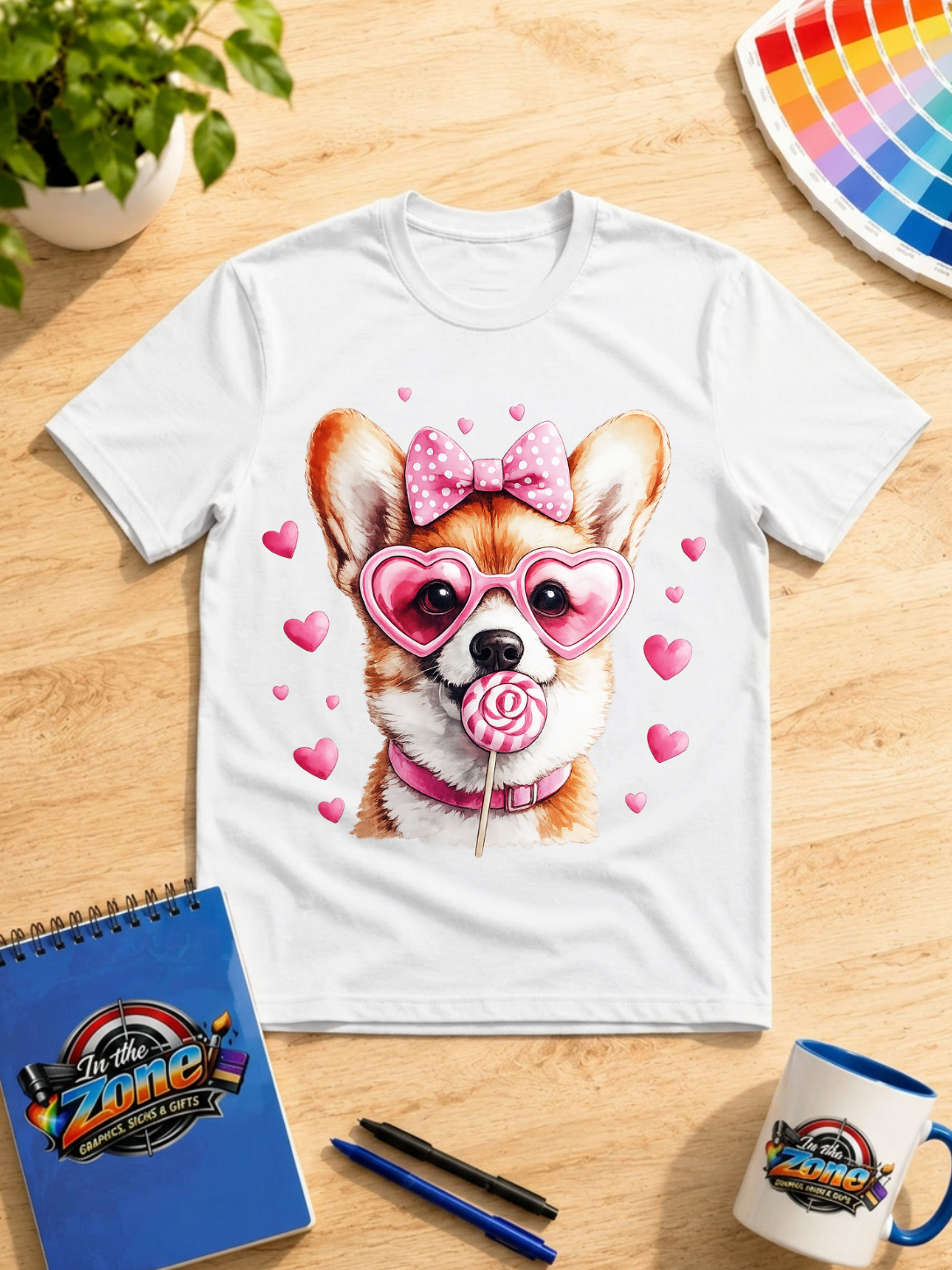 Valentine Corgi Graphic Shirt – Pink Hearts, Sunglasses & Lollipop Dog Tee