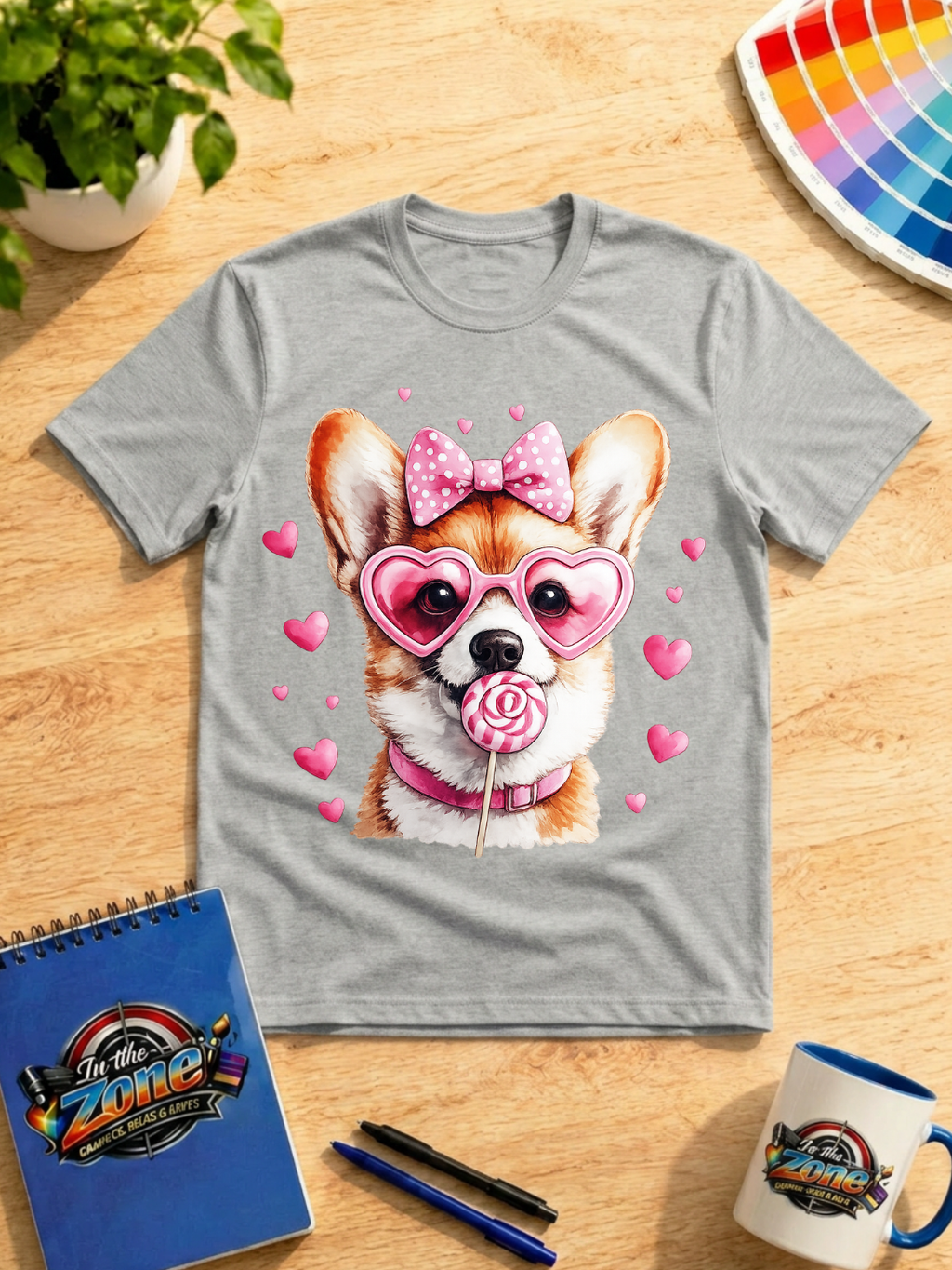 Valentine Corgi Graphic Shirt – Pink Hearts, Sunglasses & Lollipop Dog Tee