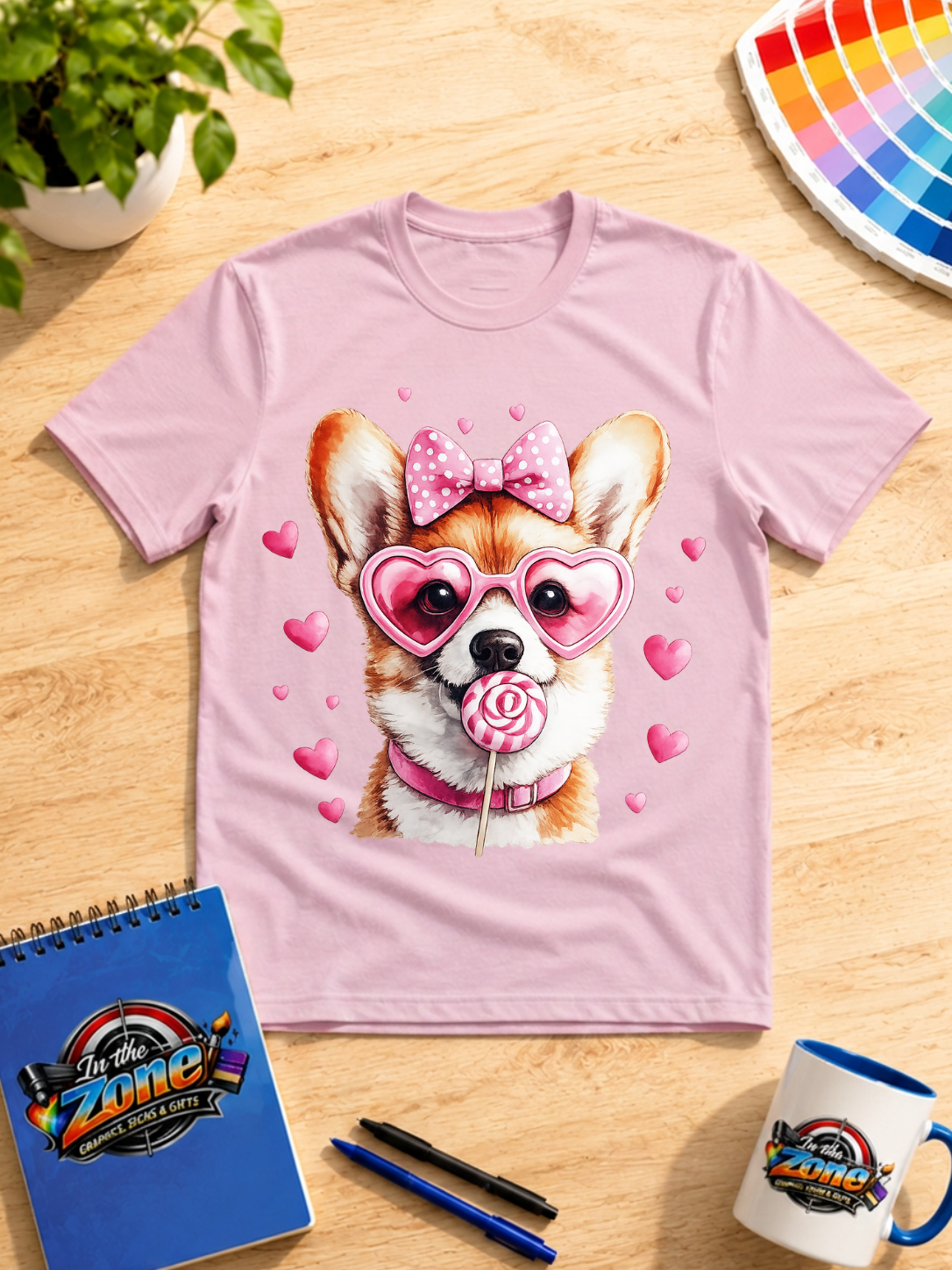 Valentine Corgi Graphic Shirt – Pink Hearts, Sunglasses & Lollipop Dog Tee