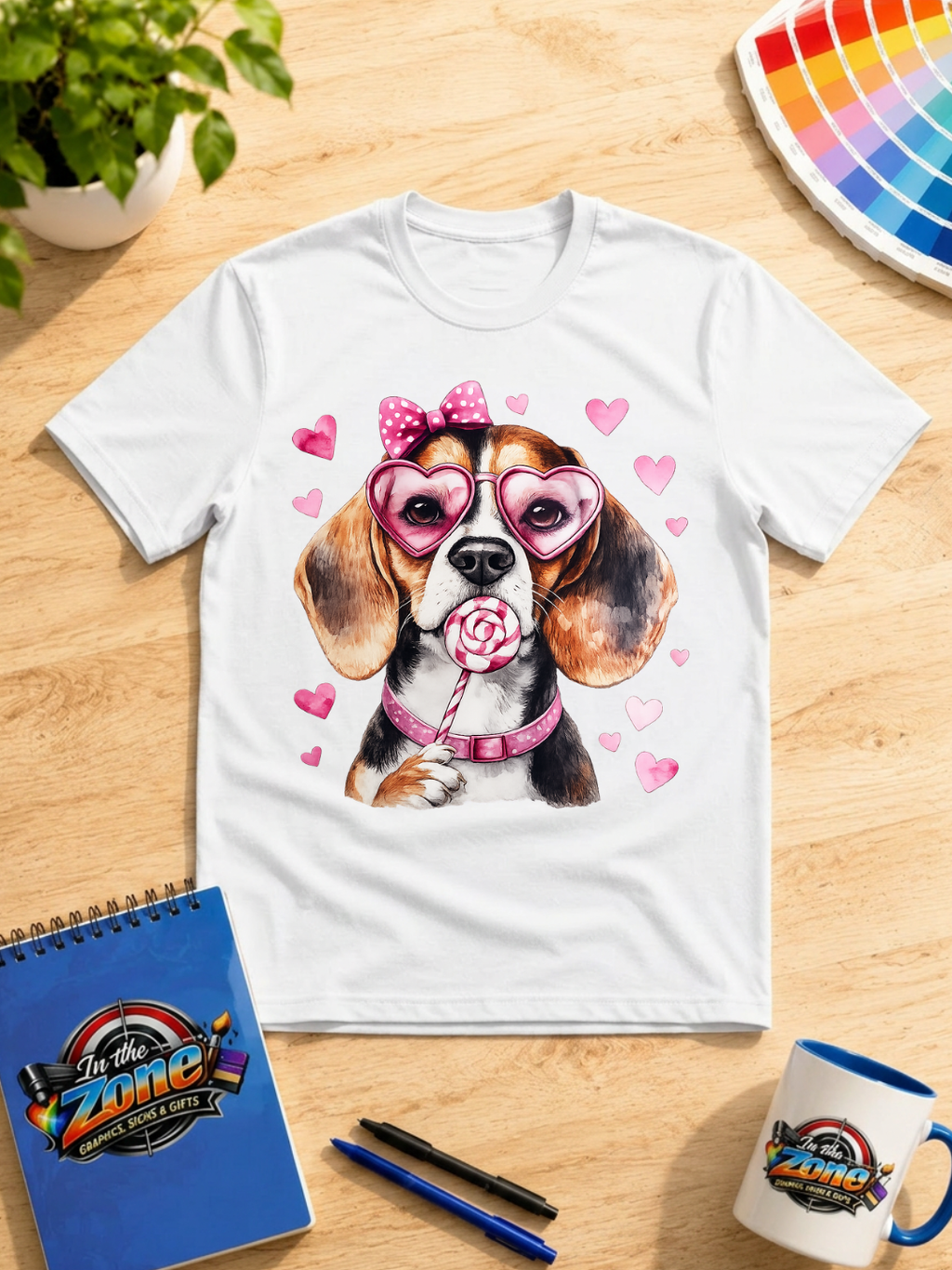 Valentine Beagle Graphic Shirt – Pink Heart Sunglasses & Lollipop Dog Tee