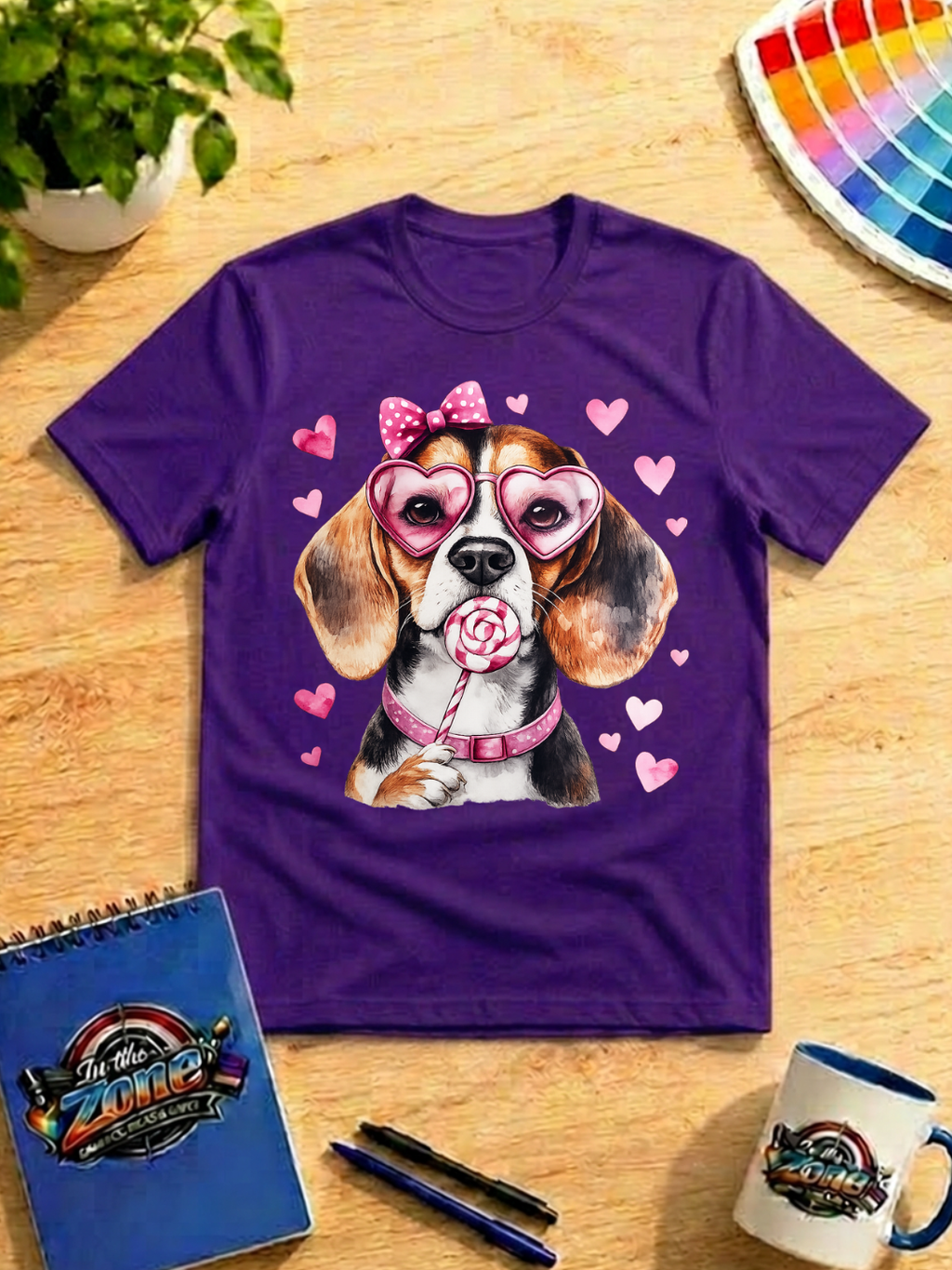 Valentine Beagle Graphic Shirt – Pink Heart Sunglasses & Lollipop Dog Tee