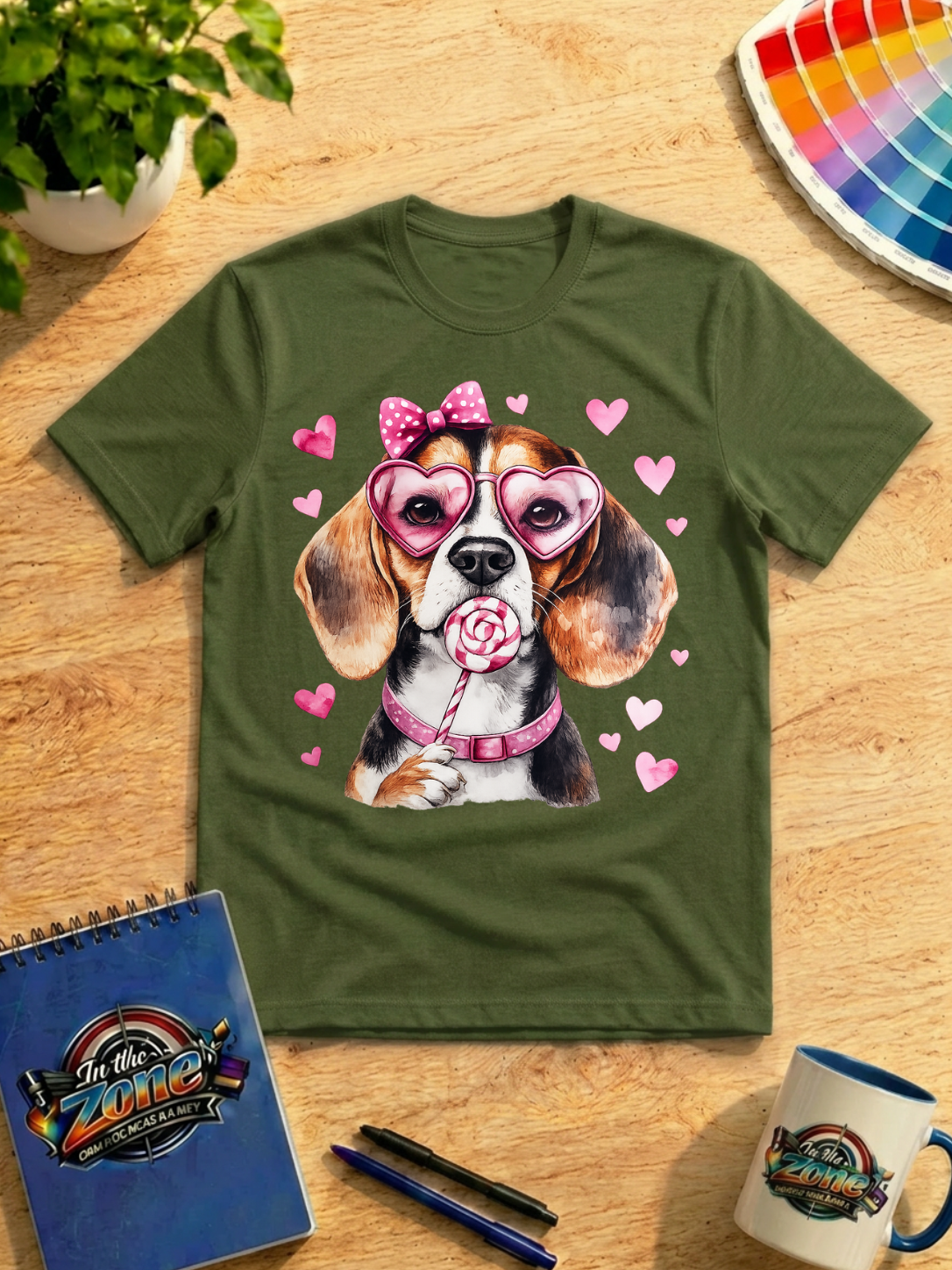 Valentine Beagle Graphic Shirt – Pink Heart Sunglasses & Lollipop Dog Tee