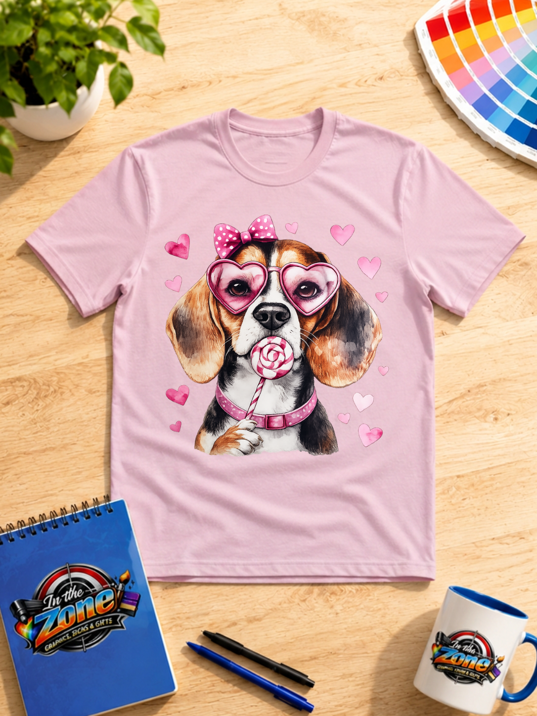 Valentine Beagle Graphic Shirt – Pink Heart Sunglasses & Lollipop Dog Tee