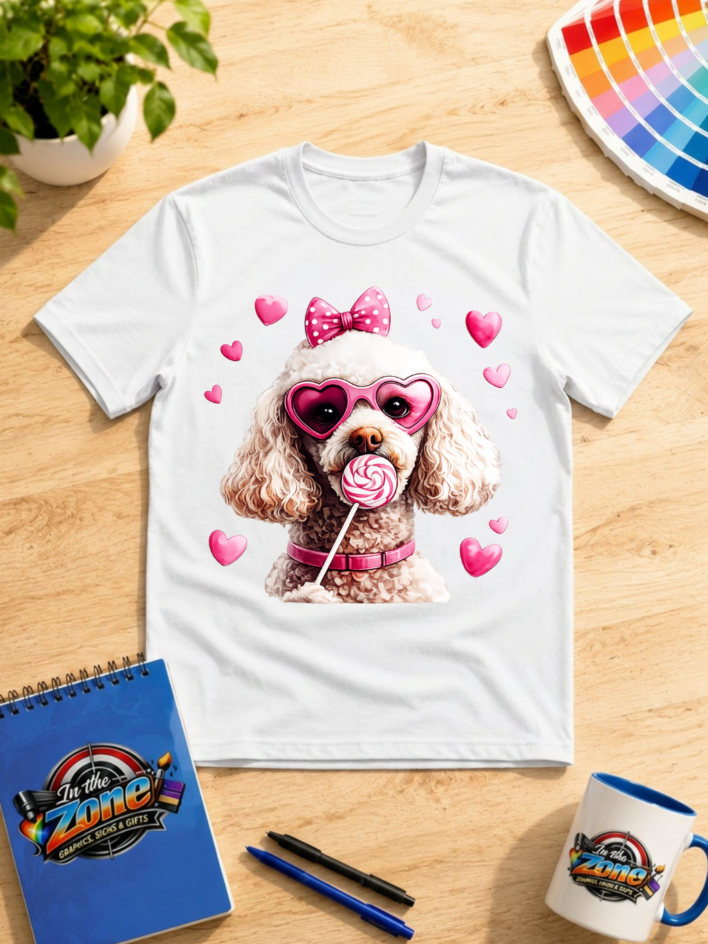 Sweet Valentine Poodle Graphic Shirt – Pink Hearts & Lollipop Dog Tee