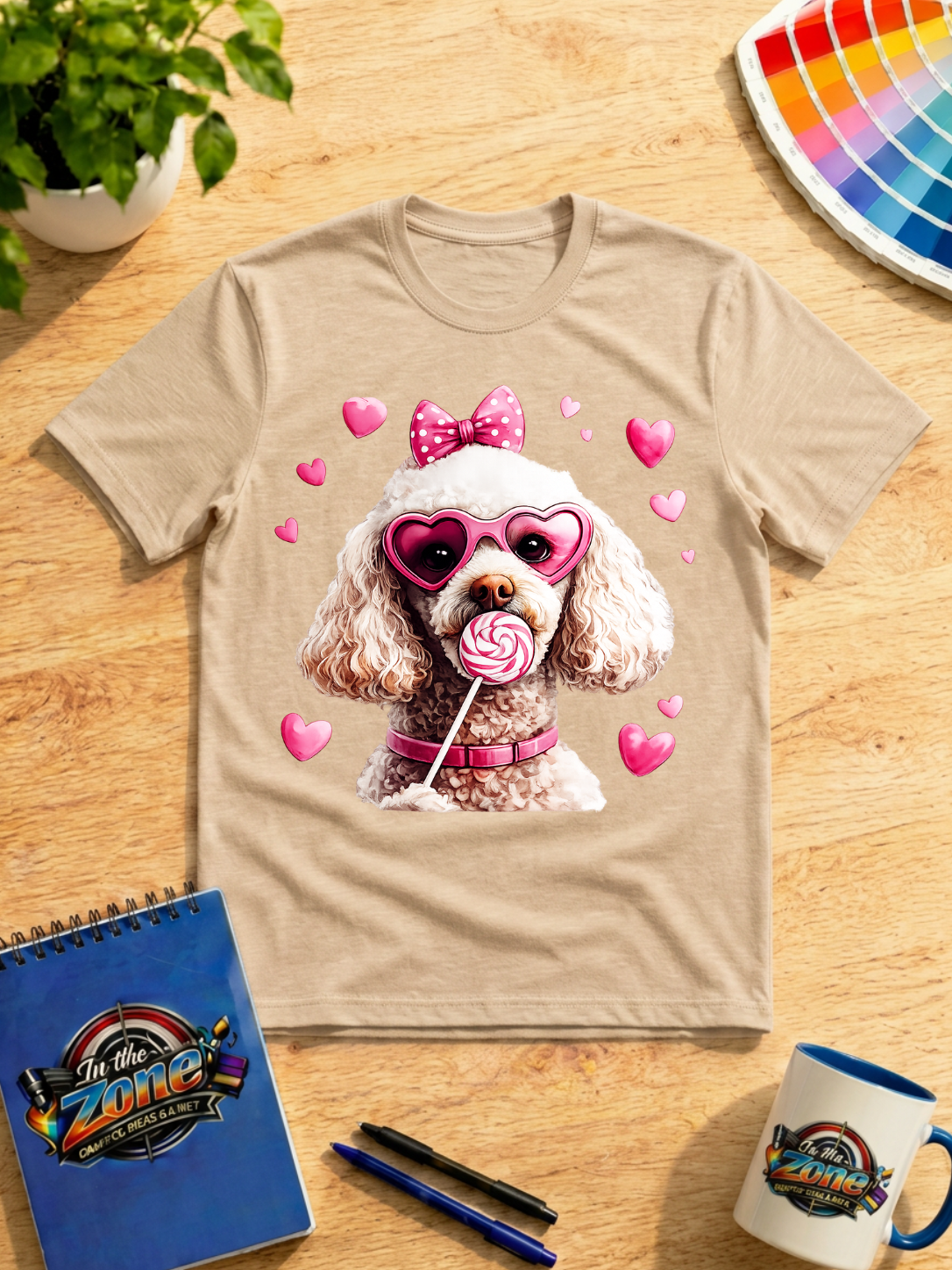 Sweet Valentine Poodle Graphic Shirt – Pink Hearts & Lollipop Dog Tee
