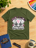 Just a Mom Out Here Trying Not to Raise Assholes Funny Mom Graphic Shirt