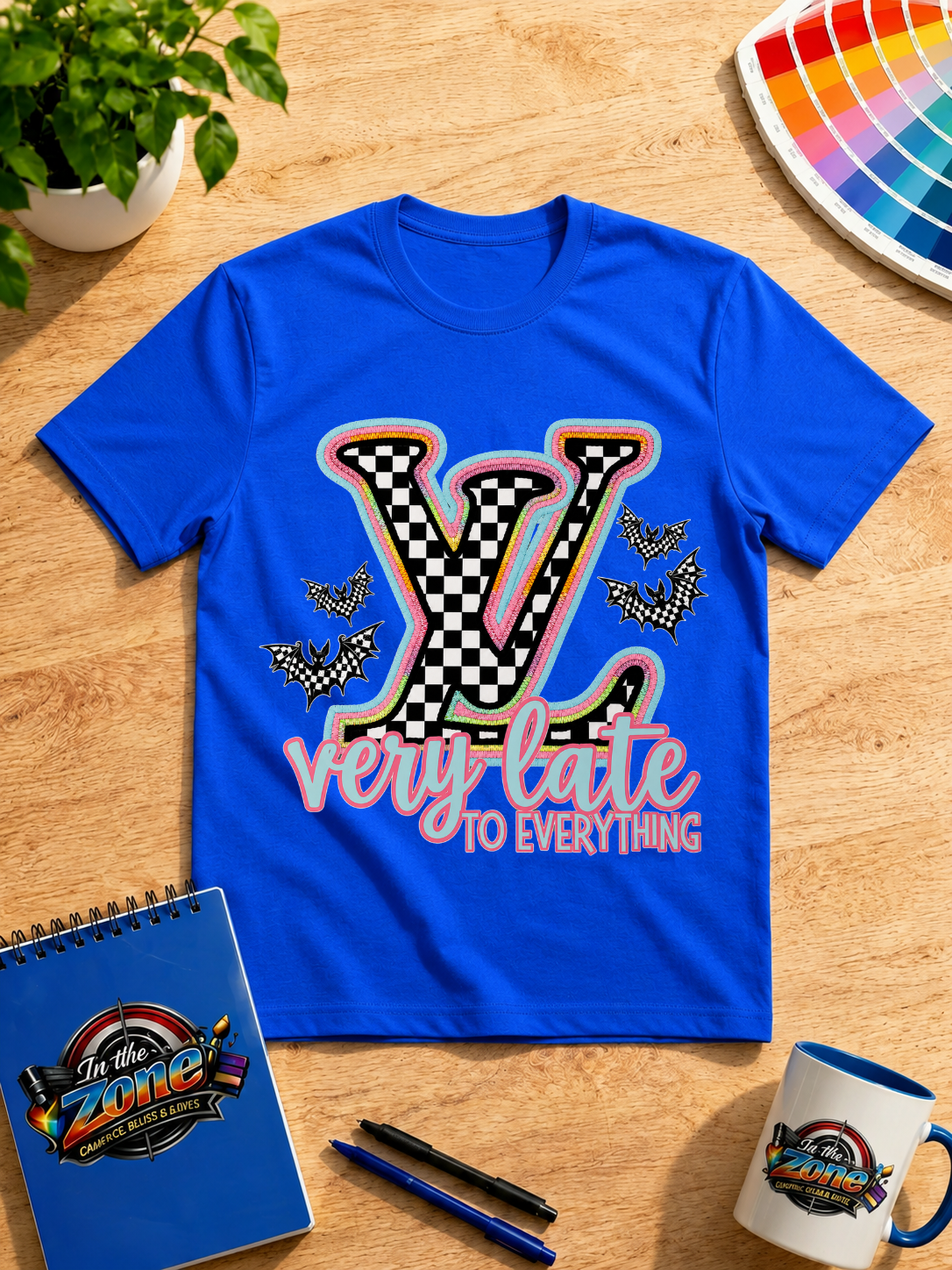 Very Late to Everything Graphic T-Shirt – Checkered LV-Inspired Halloween Bat Shirt