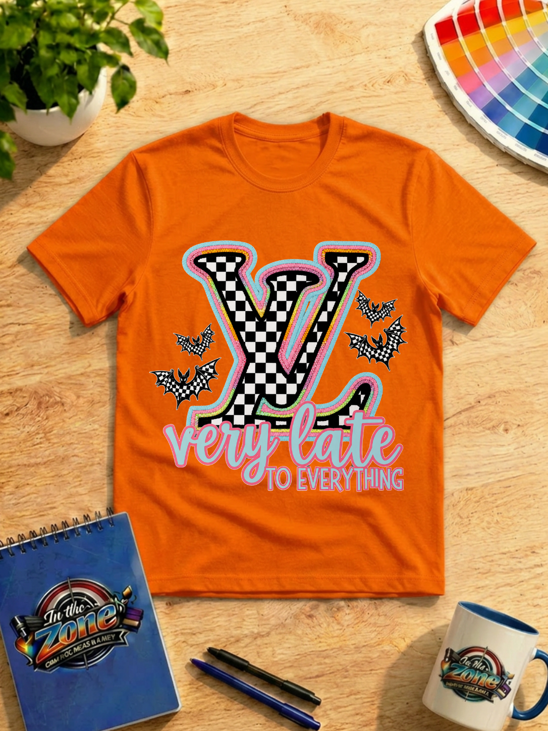Very Late to Everything Graphic T-Shirt – Checkered LV-Inspired Halloween Bat Shirt