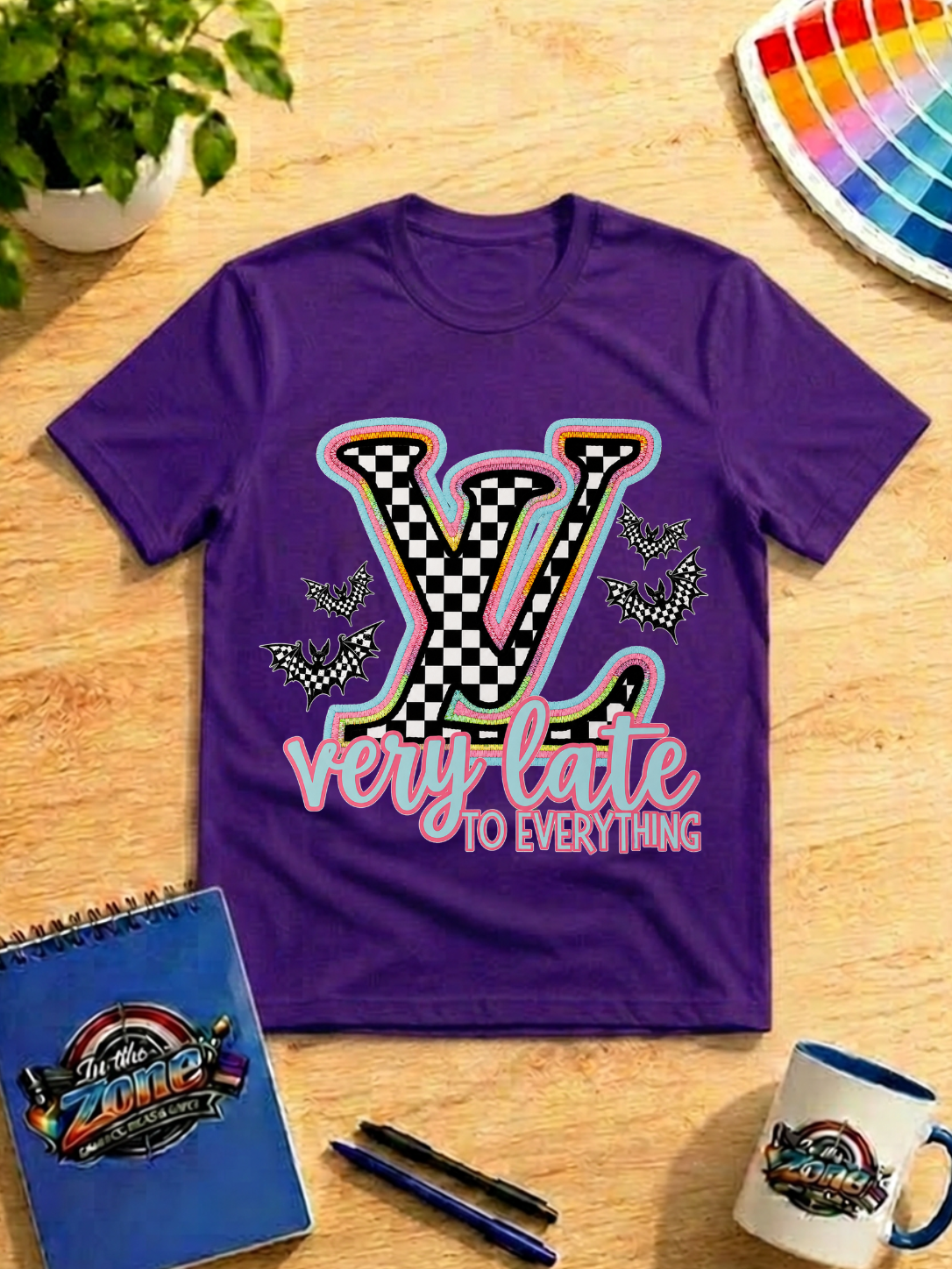 Very Late to Everything Graphic T-Shirt – Checkered LV-Inspired Halloween Bat Shirt