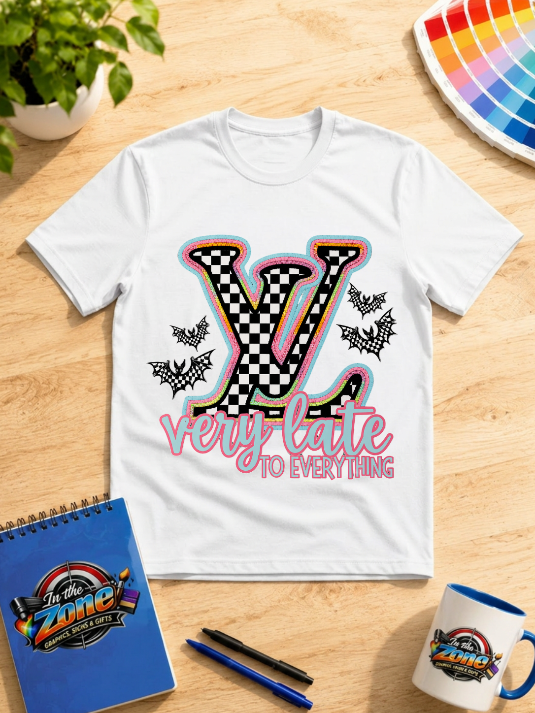 Very Late to Everything Graphic T-Shirt – Checkered LV-Inspired Halloween Bat Shirt