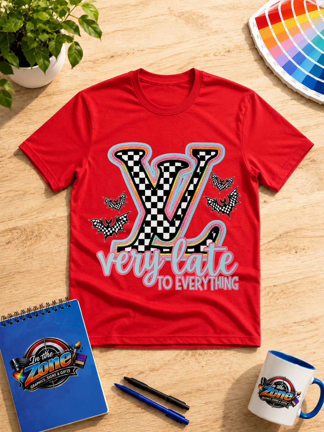 Very Late to Everything Graphic T-Shirt – Checkered LV-Inspired Halloween Bat Shirt