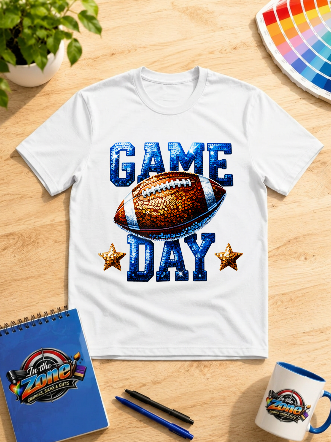 Game Day Football Graphic Shirt – Blue & Orange Sparkle Style Football Tee