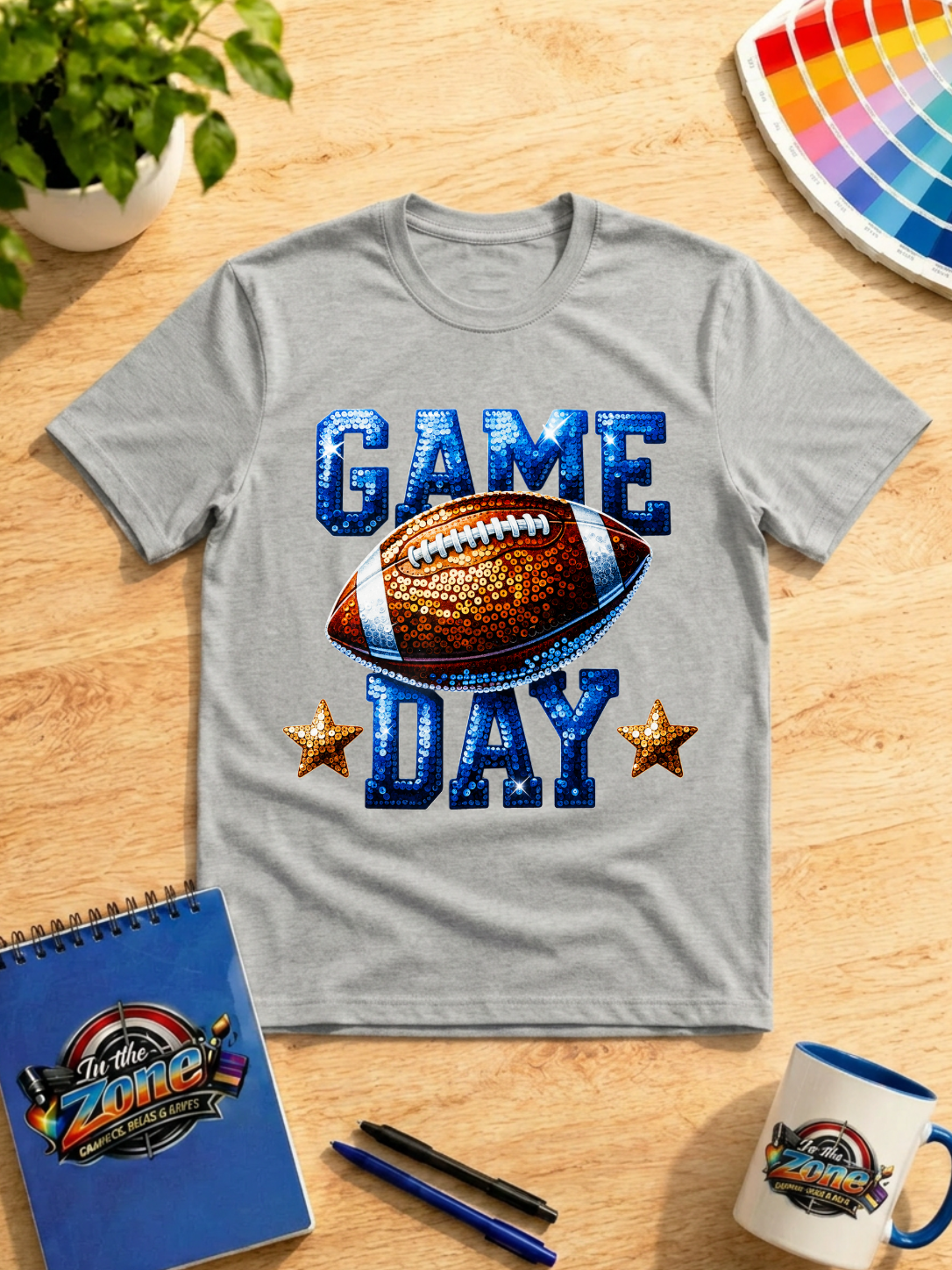 Game Day Football Graphic Shirt – Blue & Orange Sparkle Style Football Tee