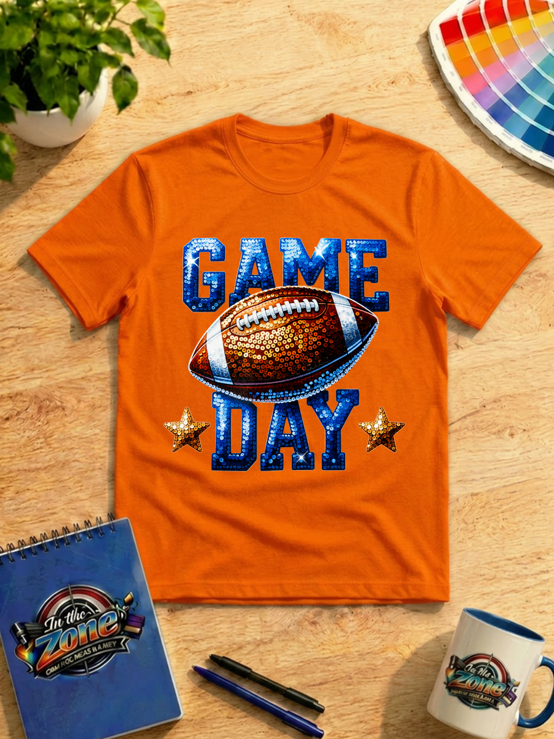 Game Day Football Graphic Shirt – Blue & Orange Sparkle Style Football Tee