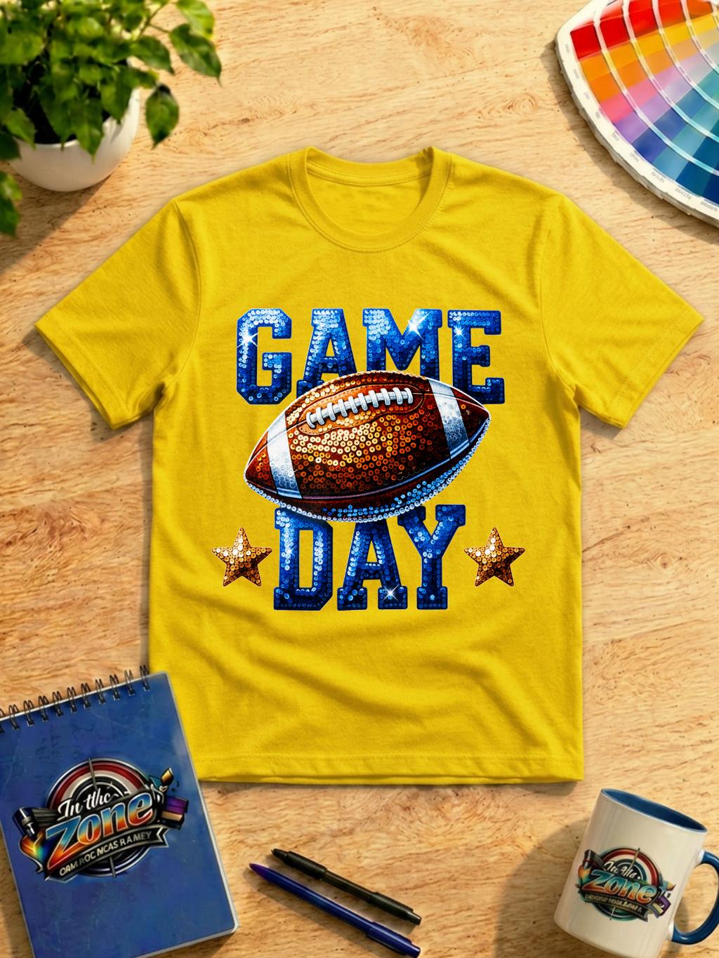 Game Day Football Graphic Shirt – Blue & Orange Sparkle Style Football Tee