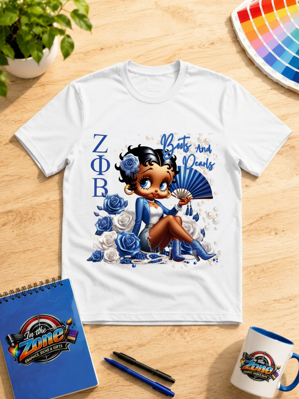 Zeta Boots and Pearls Blue & White Graphic Shirt – Sorority-Inspired Glam Tee