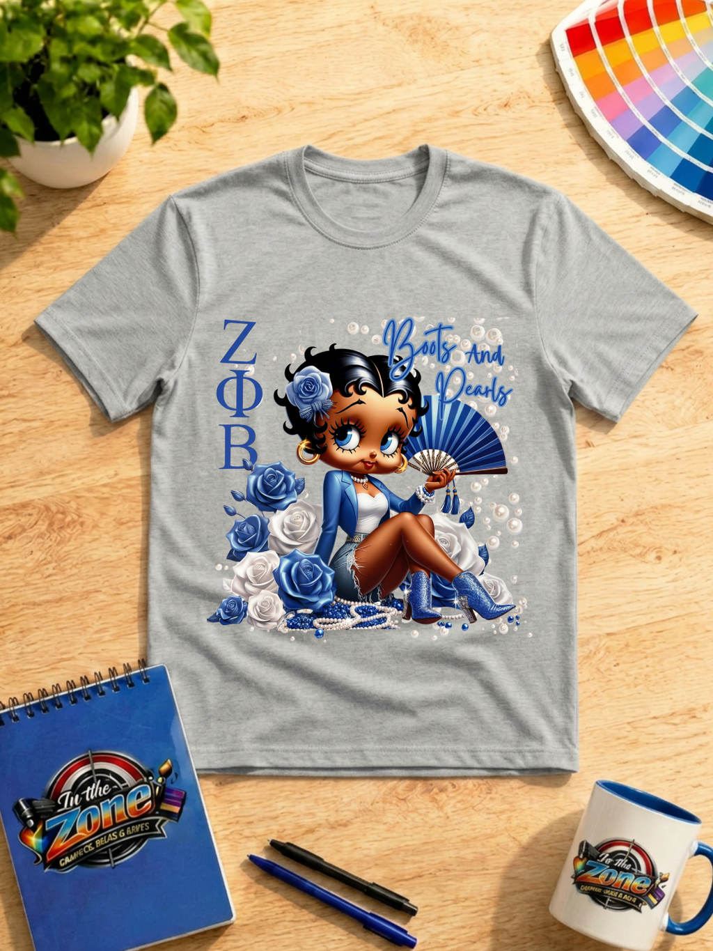 Zeta Boots and Pearls Blue & White Graphic Shirt – Sorority-Inspired Glam Tee
