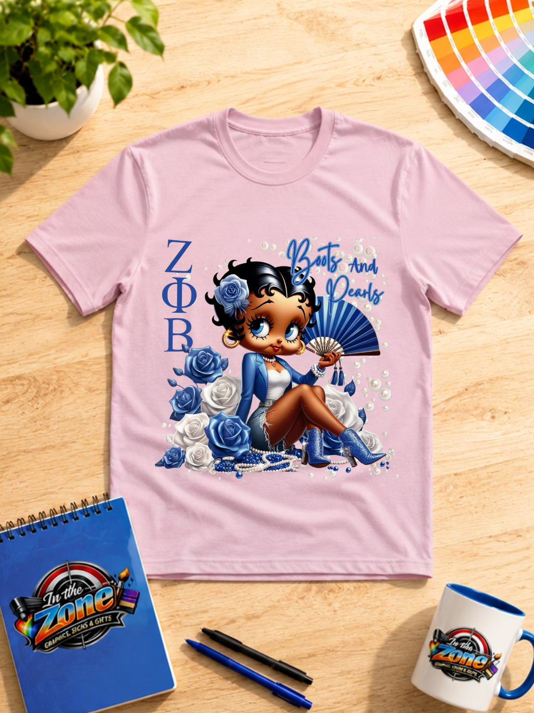 Zeta Boots and Pearls Blue & White Graphic Shirt – Sorority-Inspired Glam Tee