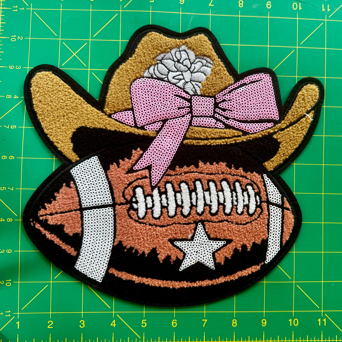 Cowgirl Football Sequin Patch – Western Hat & Pink Bow