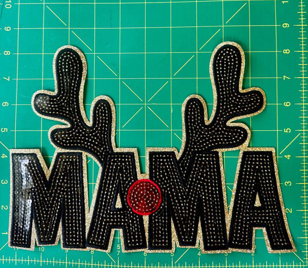 Mama Reindeer Black & Gold Sequin Patch – Christmas Holiday Patch