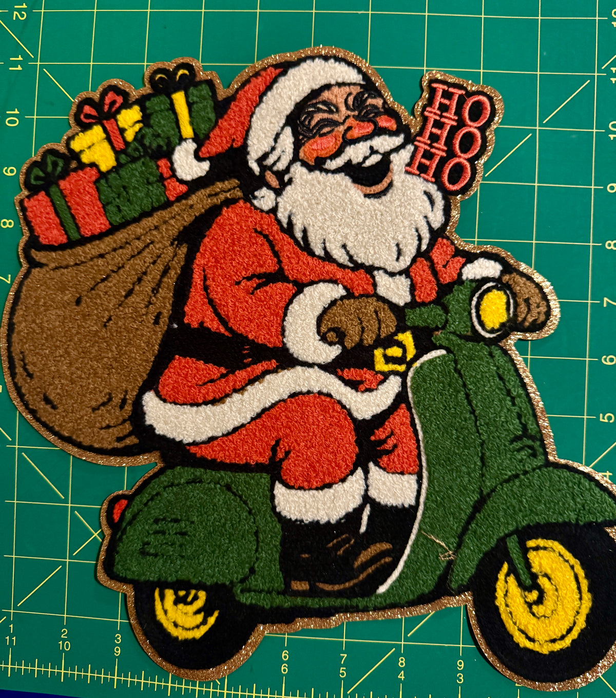 Santa on Scooter Chenille Patch – Ho Ho Ho Christmas Appliqué