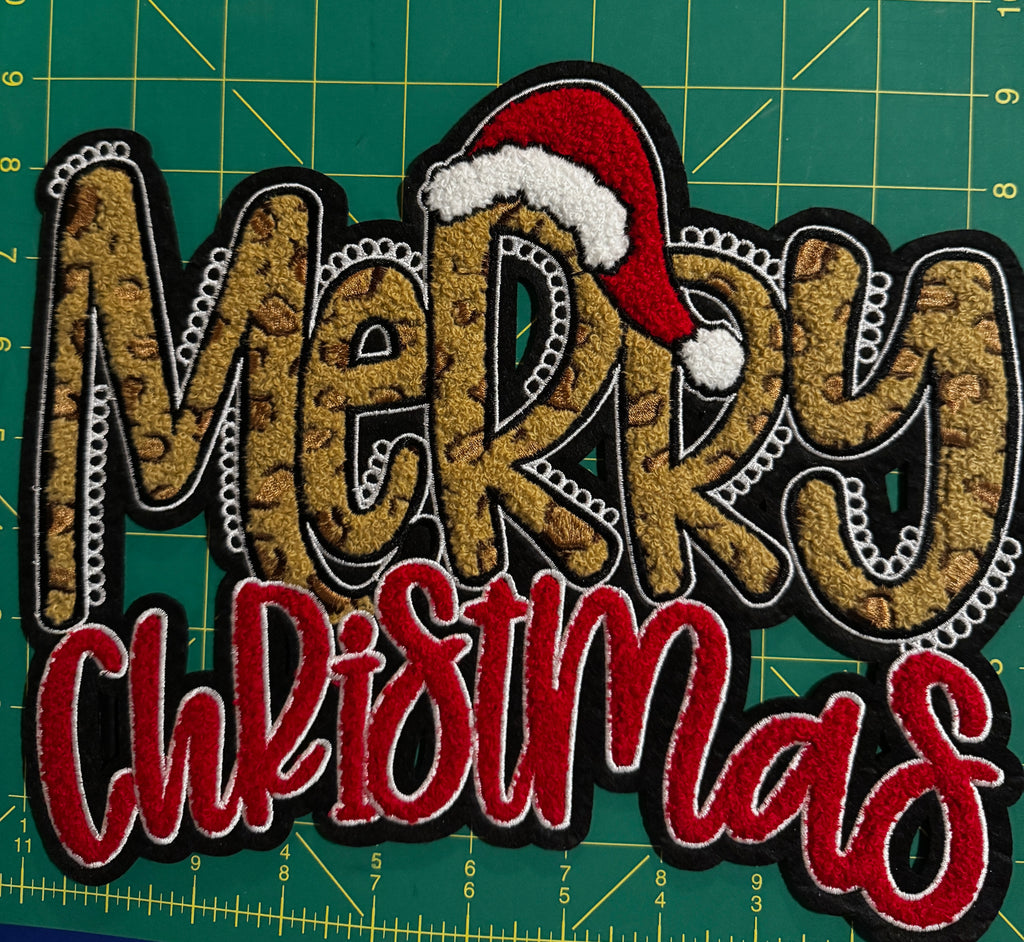Merry Christmas Leopard Print Chenille Patch – Santa Hat Holiday Design