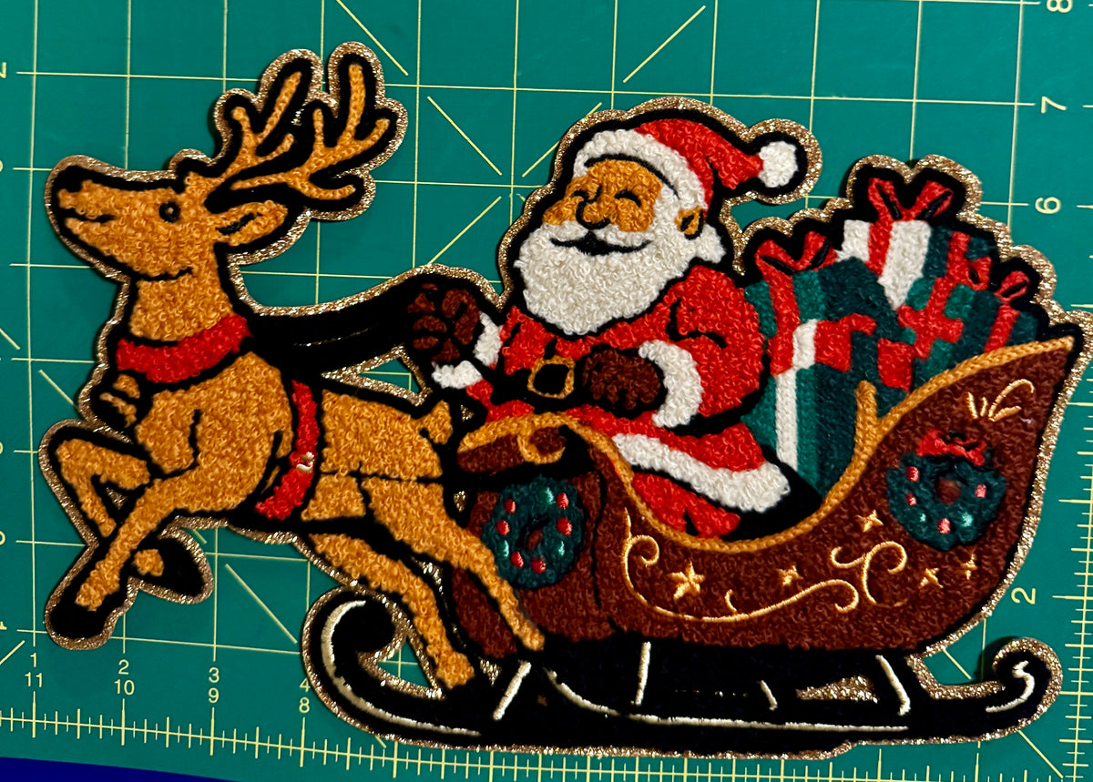 Santa & Reindeer Sleigh Chenille Patch – Christmas Holiday Appliqué